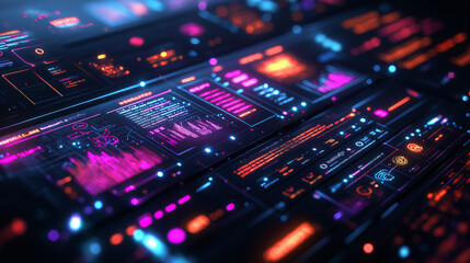 Obraz premium A futuristic infographic design with holographic-style elements and neon colors, showcasing data in a dynamic and eye-catching manner