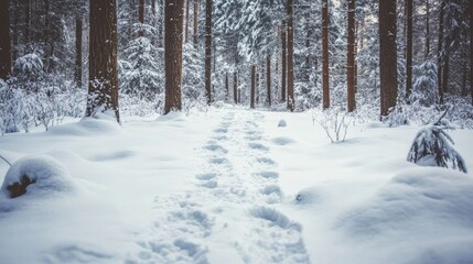 Fototapeta premium White snowshoe tracks leading through a forest, adventurous and peaceful, winter exploration
