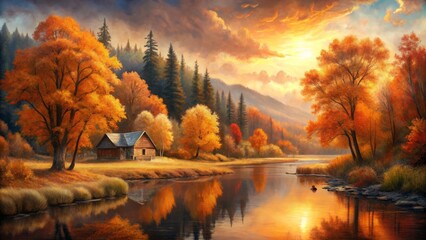 As warm orange and amber hues dance upon the canvas, soft brushstrokes converge to create a serene atmosphere, evoking a sense of autumnal radiance.