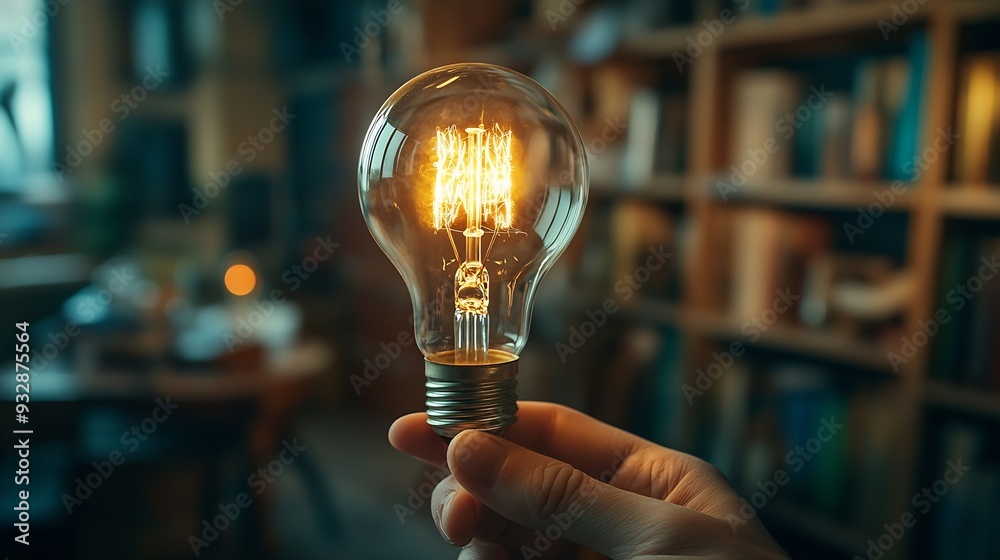 Poster online education course or elearning technology conceptman holding light bulb on virtual screen trai