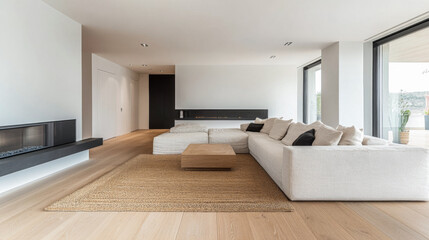 Modern living room in a luxury property withe stylish furniture. Residential interior design composition.