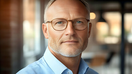 Fototapeta premium Portrait of a middle-aged man with glasses looking at the camera in an office.
