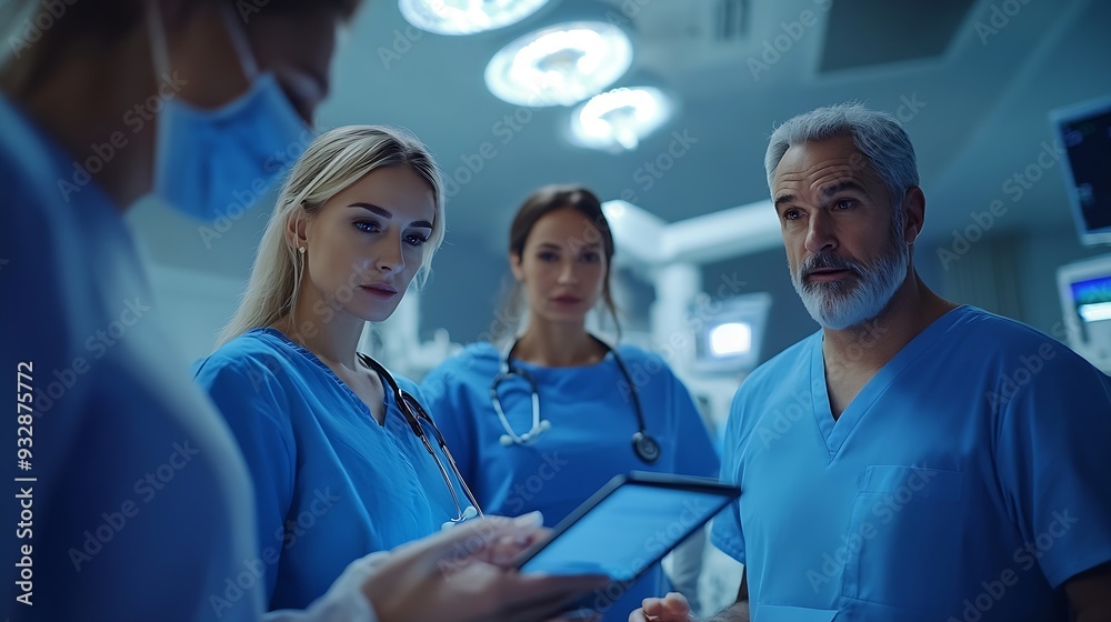 Poster Planning tablet and teamwork in a hospital with a mature manager with healthcare workers with tech Clinic cardiology research and digital report with conversation and collaboration wit : Generative AI