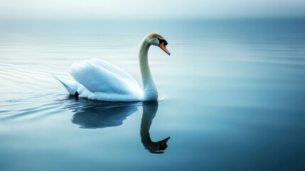 Fototapeta premium White swan gliding on a calm lake, graceful and serene, symbol of beauty and purity