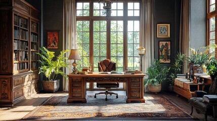 Fototapeta premium Watercolor antique writing desk with intricate carvings, placed by a large window.