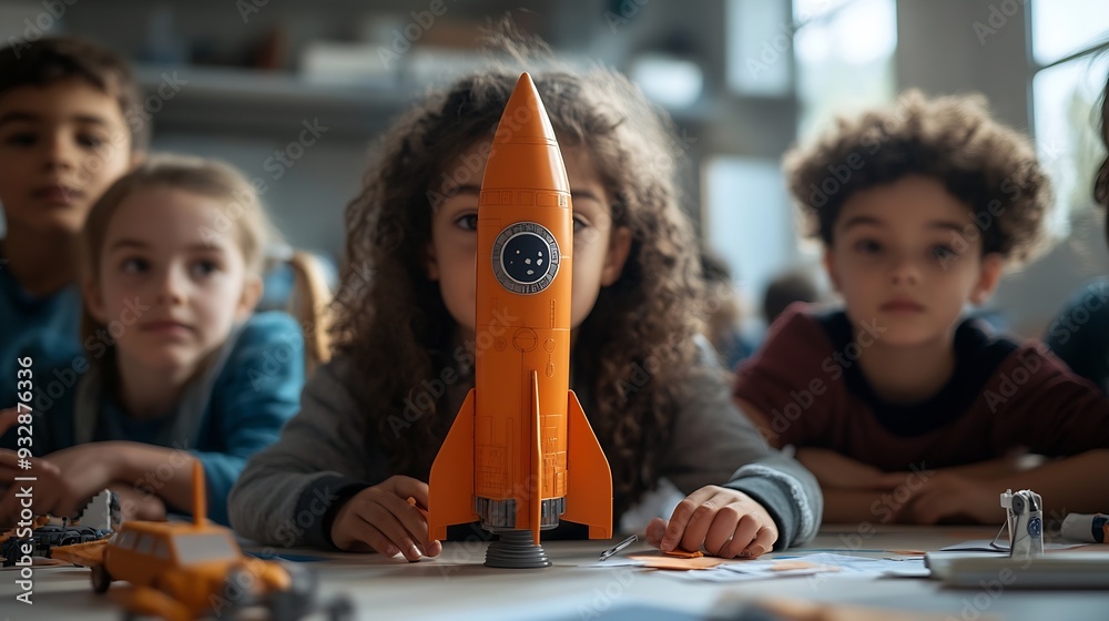 Poster Elementary School Students Sitting Behind a Table in a Group Building a Space Rocket Model for a Science and Technology Fair Young Boys and Girls Wish to Become Engineers and Space Exp : Generative AI