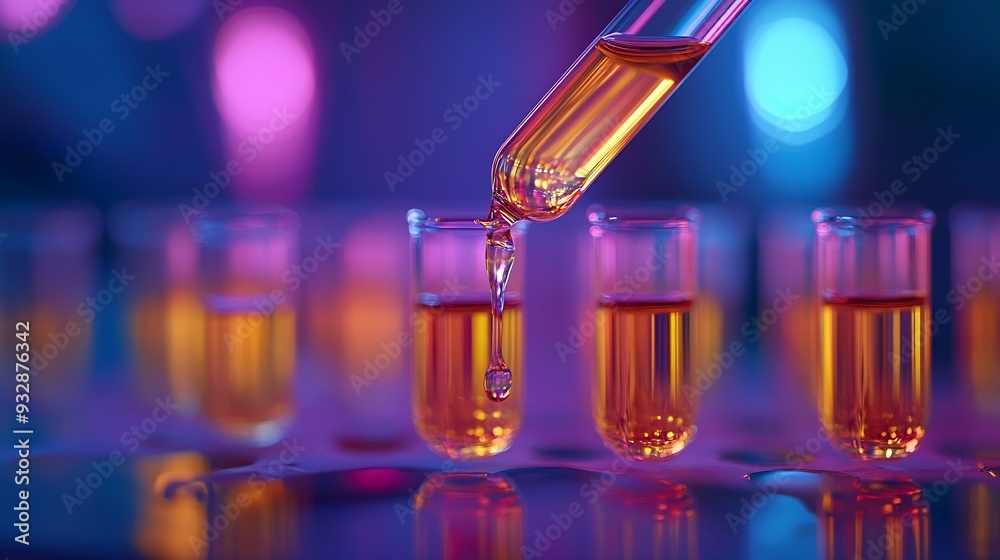 Aufkleber dripping liquid from pipette into test tube on blurred background closeup : generative ai