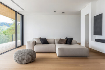 Modern living room in a luxury property withe stylish furniture. Residential interior design composition.