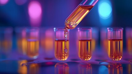 Dripping liquid from pipette into test tube on blurred background closeup : Generative AI