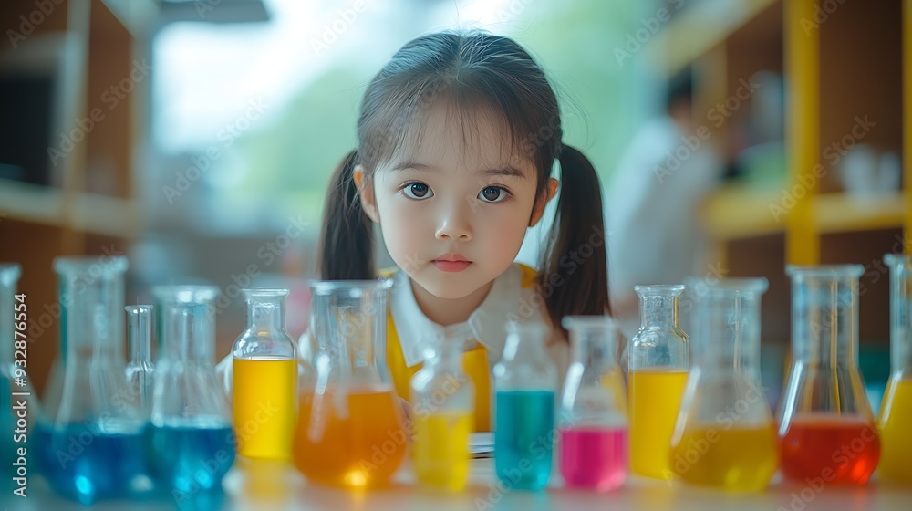 Poster girl classroom and science beaker for learning education and test with smart or intelligent child st