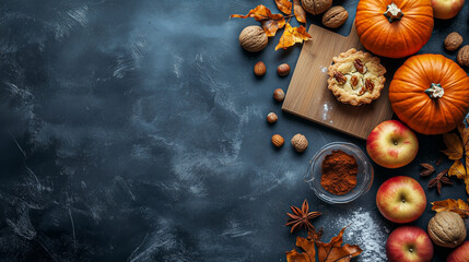 Autumn food composition on black background. Autumn, fall, halloween and thanksgiving concept.