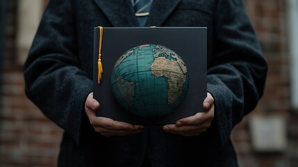 Education in Global Graduation cap on Businessman holding Earth globe model map with Radar background on book Concept of global business abroad educational Back to School : Generative AI - Powered by Adobe