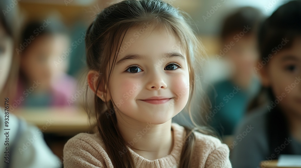 Aufkleber talented small girl asking teacher a question in class portrait of a happy elementary school student