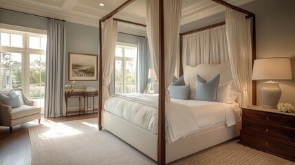 Watercolor four-poster bed with flowing drapes, in a serene, softly lit bedroom.