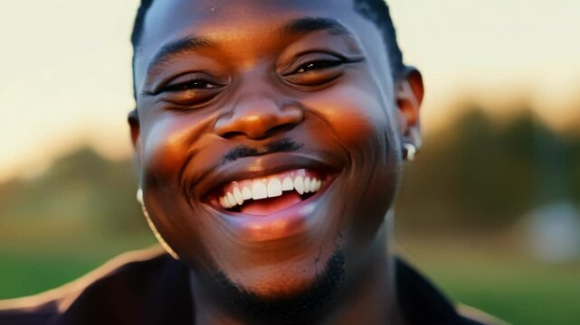 Young man laughs outdoors at sunset, his face glowing with joy and confidence. His smile radiates happiness in this authentic portrait