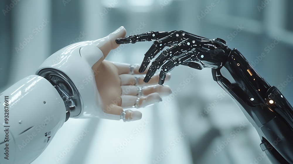 Aufkleber Medical Ai Hands of robot and human touching on medical data network connection AI robot for diagnosis increasing accuracy patient treatment in future technology to improve patient hea : Generative AI