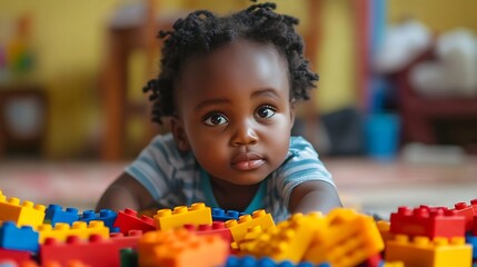 Children portrait and playing with building blocks in home for growth child development and learning for motor skills African kids happy and toy puzzle in education skill and cognitive : Generative AI
