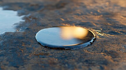 A small puddle of petroleum on a metal surface, reflecting the surrounding light. No people, copy space