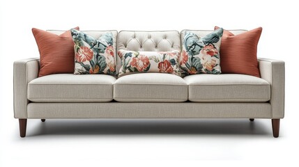 Watercolor mid-century modern sofa with clean lines and pastel cushions.