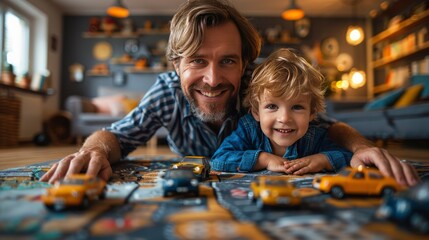 unrecognizable father with his son playing with cars