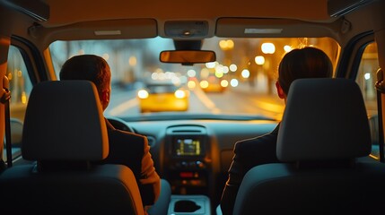 Fototapeta premium Business people sitting in minivan taxi view through an open door Concept of business trips and transportation : Generative AI