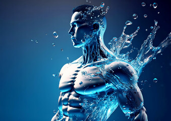 3d rendering of a man with water splash on his body.
