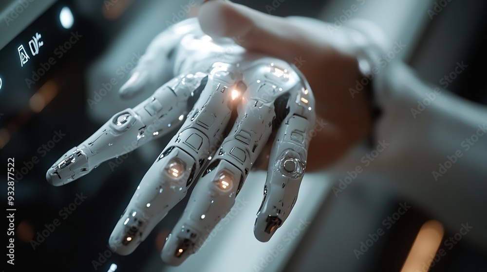 Poster Chat with AI or Artificial Intelligence technology Man touching chatting virtual with an intelligent artificial intelligence asks for answers he wants Smart assistant futuristic Chatbo : Generative AI