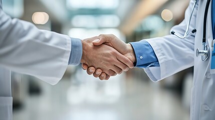 Pharmaceutical sales representative presenting new medication to doctor in medical building shaking hands : Generative AI