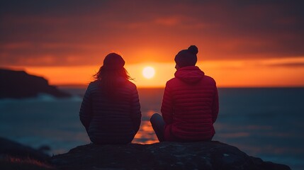 Friends beach and sunset of people sitting on rock for bonding holiday in Ireland or back view Vacation travel and relax for fun day by ocean nature or contemplation in outdoors for to : Generative AI
