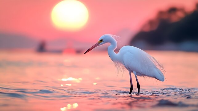 Beautiful white little egret or small heron bird standing in the pink sunrise water of sea bay with airplane on background : Generative AI