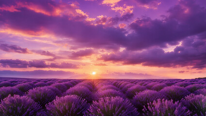 This is a picture of a field of purple lavender flowers with a lone tree in the center and a sunset in the background.


