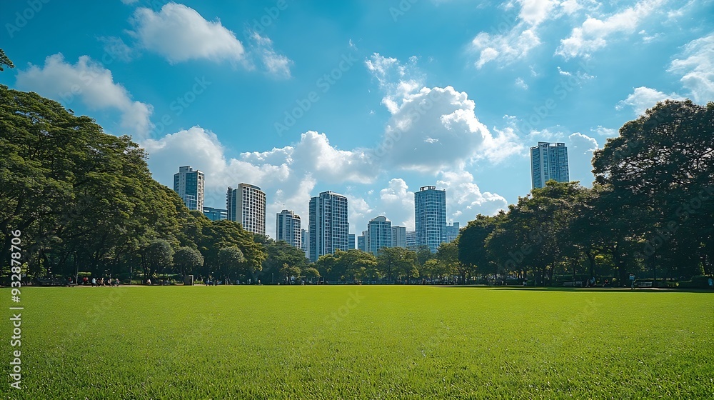 Aufkleber scenic view of the park with green grass field in city and a cloudy blue sky background beautiful gr