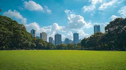 Obraz premium Scenic view of the park with green grass field in city and a cloudy blue sky background Beautiful green park : Generative AI