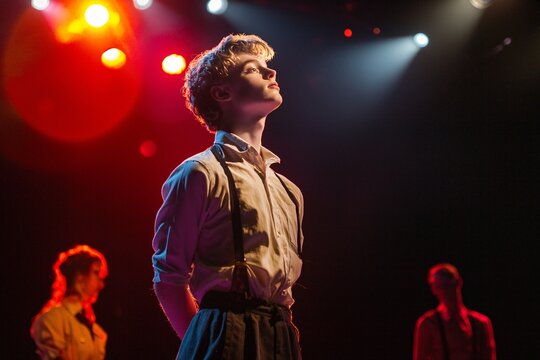 A dynamic young performer practices his dialogue under glowing lights, surrounded by a dazzling display of costumes.