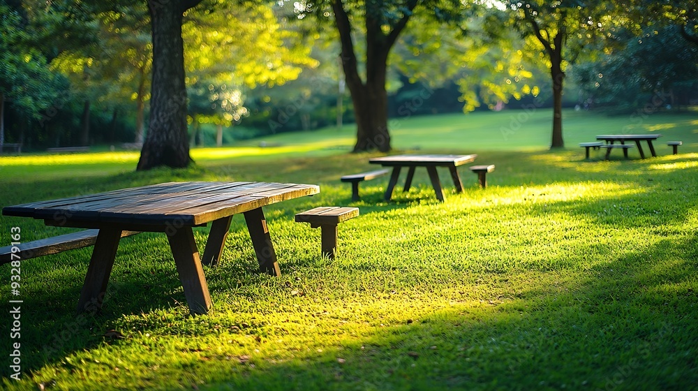 Poster park picnic table bench rest relax outdoors benches and tables on green grass in recreational area :
