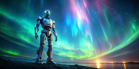 Majestic robot standing tall against vibrant Aurora Borealis background, robot
