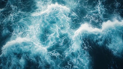 Fototapeta premium Overhead view turquoise stormy ocean waves with white foam in the oceanSea water with splashes and foam Top view waves background Natural background photo sea texture with waves soft f : Generative AI
