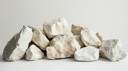 Limestone rocks of varying sizes, placed in a rough arrangement on a white surface. No people, copy space