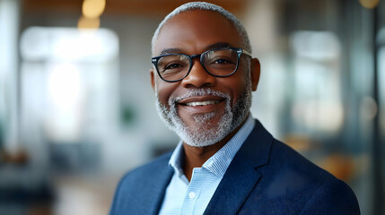 Obraz premium Portrait of a smiling mature businessman wearing glasses and a blue suit jacket.