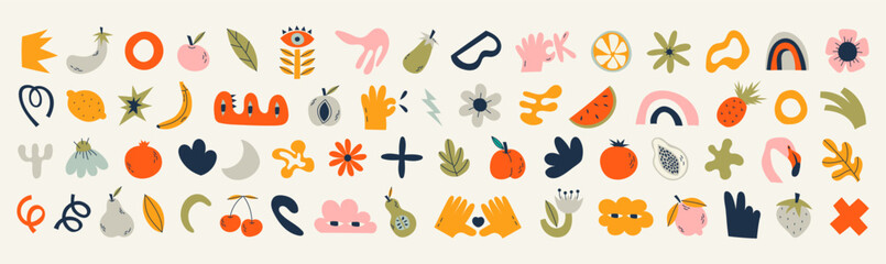 Set of cute abstract elements in kidcore style. 00s, 90s concept. Funny hippie and childish abstract shapes, fruits and objects. Naive art. Flat vector illustration on isolated background