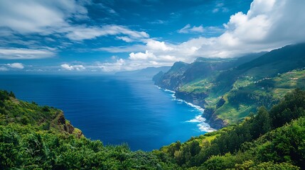 Fototapeta premium Madeira island coast view Breathtaking Madeira A Vista of Lush Greenery and Oceanic Grandeur : Generative AI