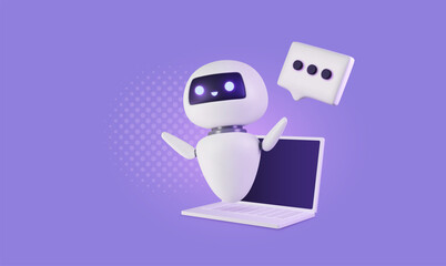 3d bot with speech bubble floating above the laptop. Artificial intelligence technology, online customer support concept. Cute and friendly cartoon character, consulting assistant, robotic device.