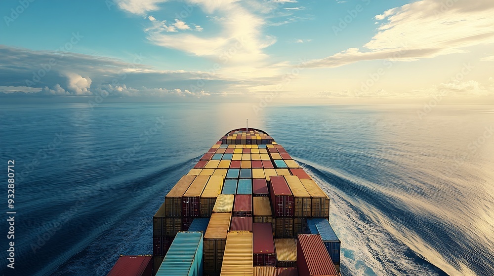 Poster view on the containers loaded on deck of the large cargo ship she is sailing through calm blue ocean