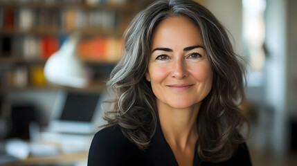 Obraz premium Portrait of a smiling mature woman with long, gray hair in a black top.