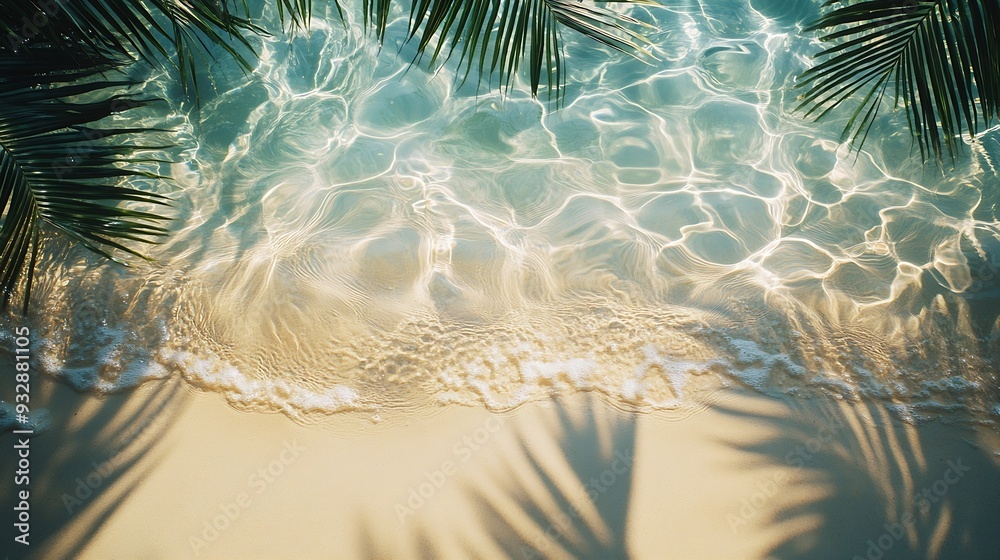Poster empty abstract sand beach with palm leaf shadow and transparent water wave from above blank background banner for travel vacation and wellbeing with copy space : Generative AI