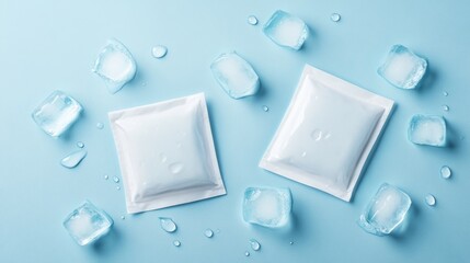 two white ice pack packaging mockups on a light blue background with scattered ice cubes, captured in a flat lay photography style, showcasing high-resolution details for product branding