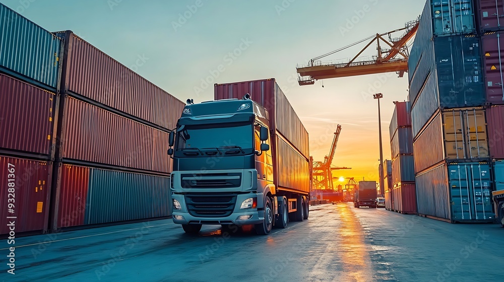 Poster container truck in ship port for business logistics and transportation of container cargo ship and c