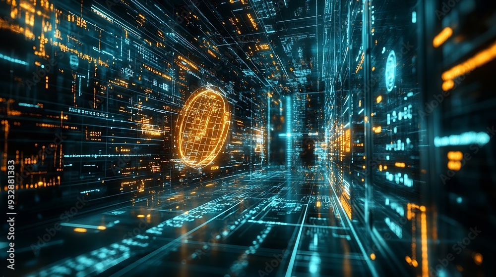 Poster Image of mathematical equations and data processing over server room Global technology computing and digital interface concept digitally generated image : Generative AI
