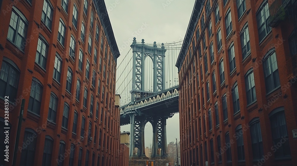 Poster view of the manhattan bridge in between two new york city apartment buildings : generative ai