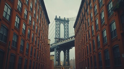 View of the Manhattan Bridge in between two New York City apartment buildings : Generative AI